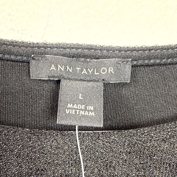 (T4) NWT ANN TAYLOR NWT Metallic Fringe Tweed Black Gold 3/4 Sleeve Top, Sz L - Picture 7 of 12